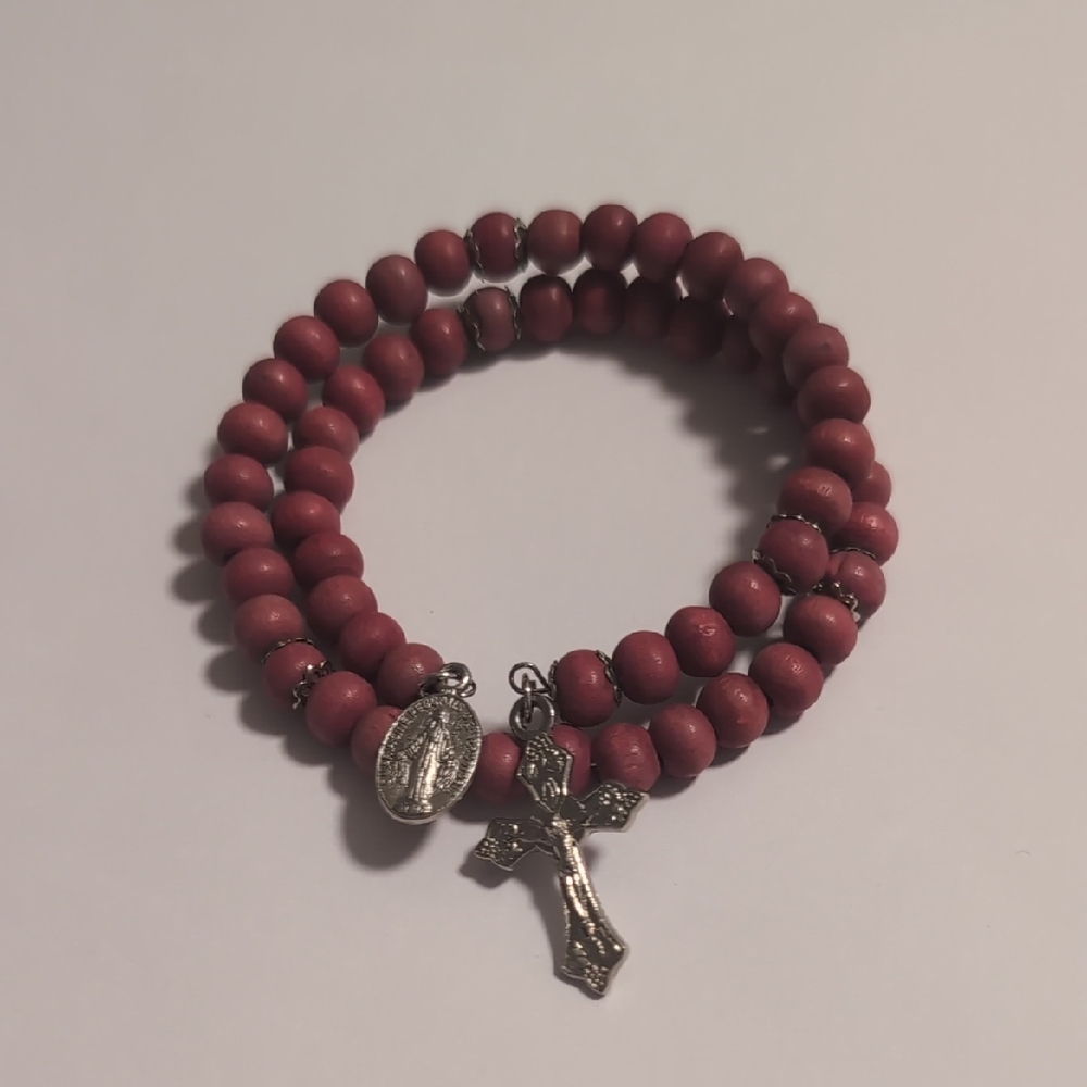 Elegant Dark Pink‎ Beaded Bracelet with Silver Catholic Cross Charms